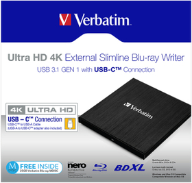 VERBATIM ext. Slimline USB 3.1 Ultra HD 4K Blu-ray Writer USB-C
